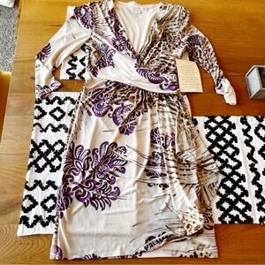 NEW Boston Proper Purple Cream Faux Wrap Dress 3/4 sleeves womens size 6